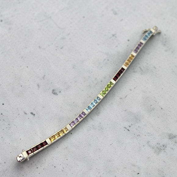 Panther Mark Jewelry - Sterling Silver 925 Multi Gemstone Tennis Bracelet 6.75” Thailand 19.5g